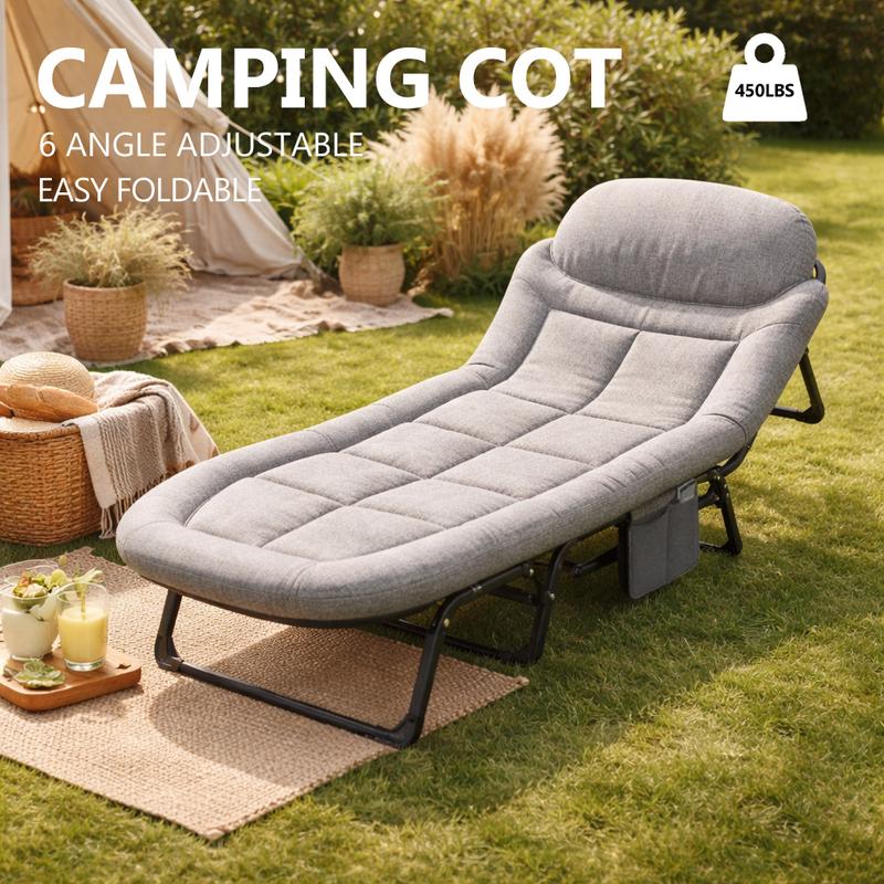 ✨Camping Cot for Adults, 6 Angle Adjustable Folding Camping Bed with Mattress